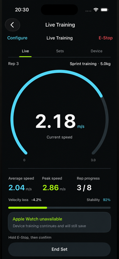 Current Kinedge App live training screen showing speed, repetition progress and device status